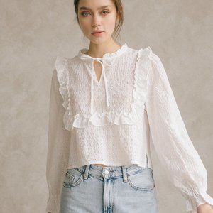 White Lace Peplum Blouse with Ruffle Trim